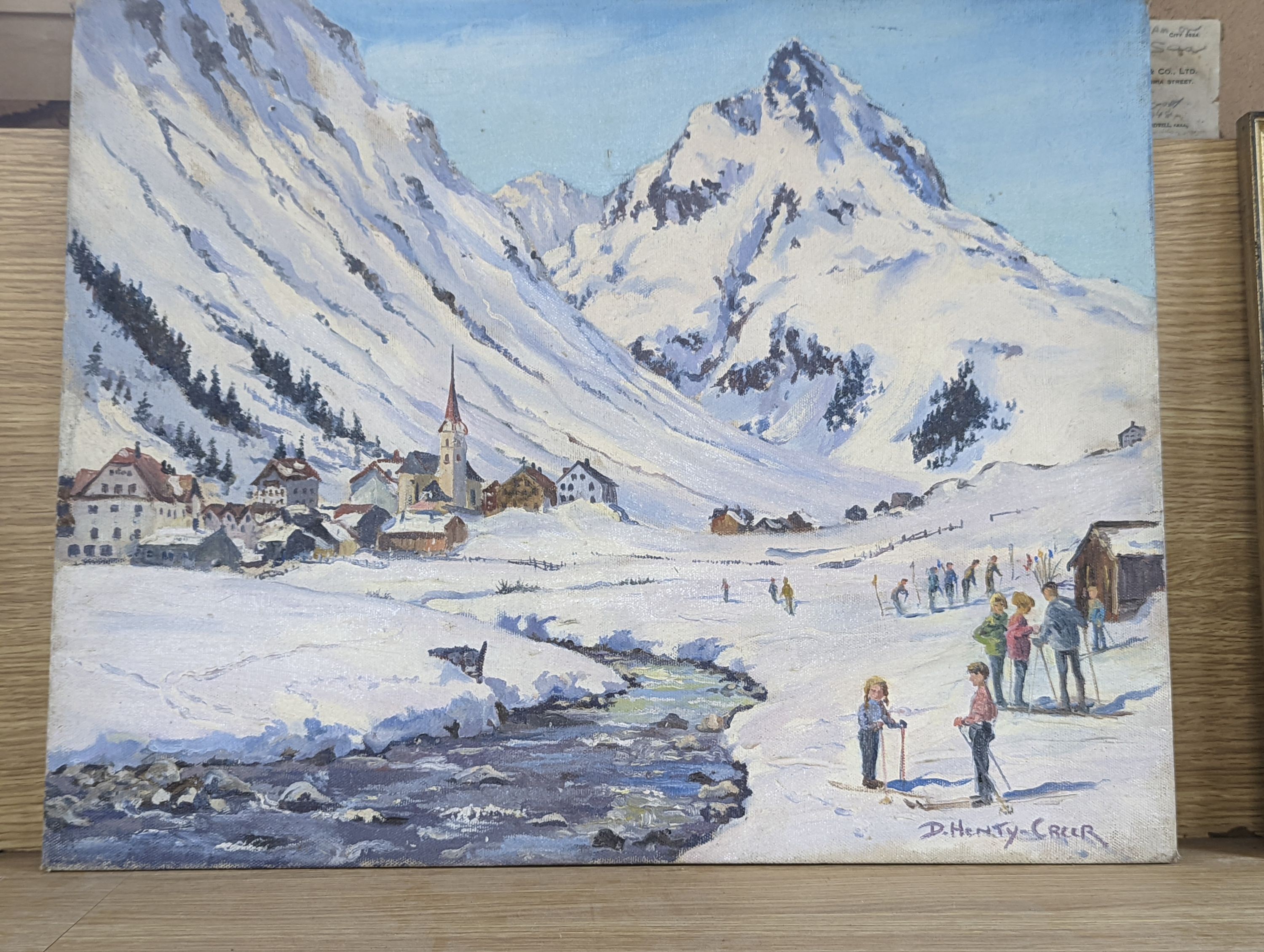 Deidre Henty-Creer (1918-2012), oil on board, Alpine landscape with skiers, signed, 40 x 50cm, unframed